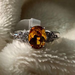Silvertone CZ & topaz colored rhinestone ring sz 9